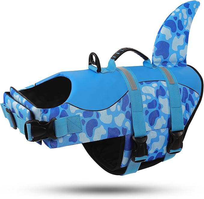ASENKU Dog Life Jacket - Pet Safety Vest for Swimming & Boating, Shark Life Jacket with Floatation, Dog Lifesavers Swimsuits for Small Medium Large Dogs (Blue Cow Print, XS)