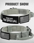 Joytale Tactical Dog Collar with Handle and Metal Buckle, Heavy Duty Padded Military Collar with 2 Patches for Training, Adjustable for Medium Dogs, Gray, M