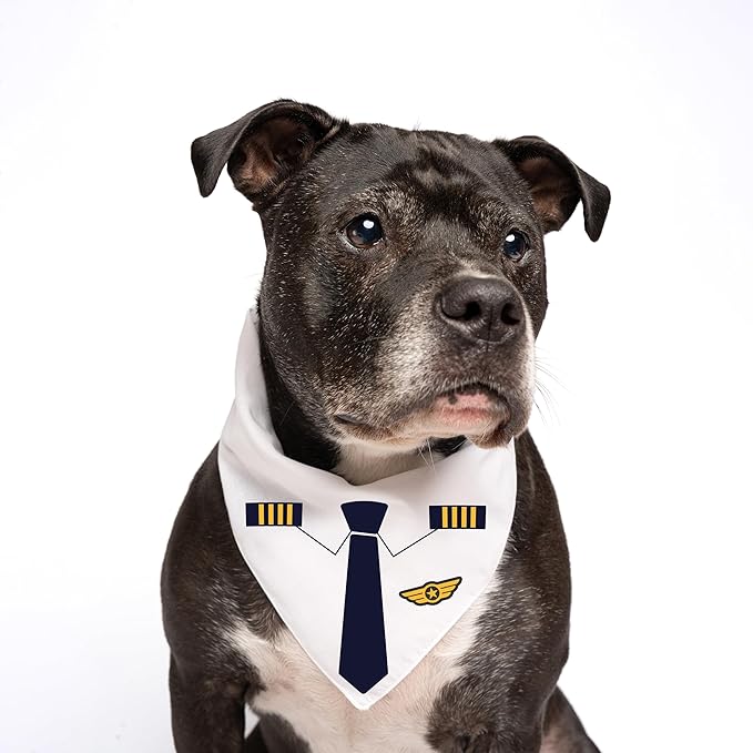 Pilot Dog Bandana | 100% Cotton Adjustable Triangle | Made in USA | Captain Uniform | Airline Crew | Funny Halloween Costume |White, One Size (1373)