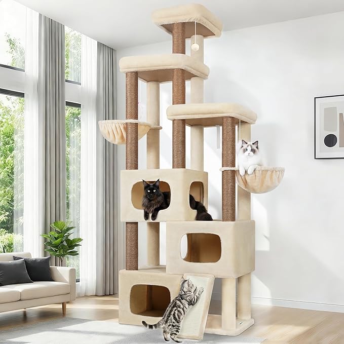 Globlazer 85 Inch Tall Cat Tree for Large Cats, Multi-Level Cat Tower for 4+ Cats with 3 Condos, 2 Hammocks & Sisal Posts, Heavy Duty Cat Tree Tower for Maine Coon, S85, Beige