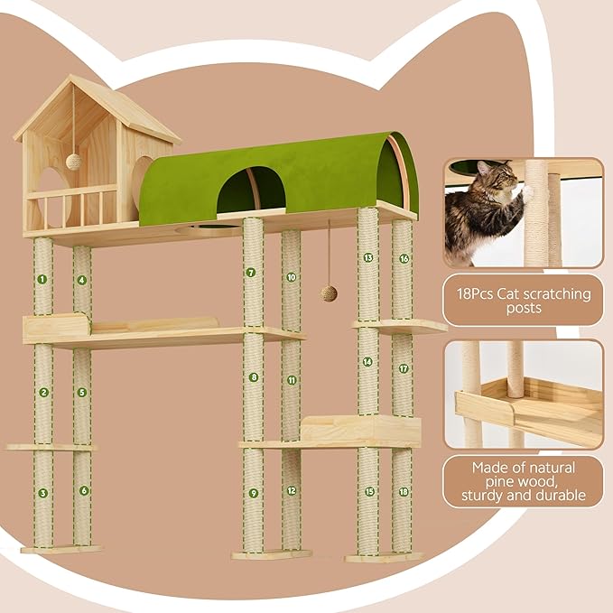 Wood Cat Tree Tower for Automatic Litter Box, 60.2'' Tall Cats Tree with Cat Tunnel, Cat Tower for Indoor Cats Large Adult, 4-Level Solid Wood Cats Furniture with 18Pcs Scratching Post, House
