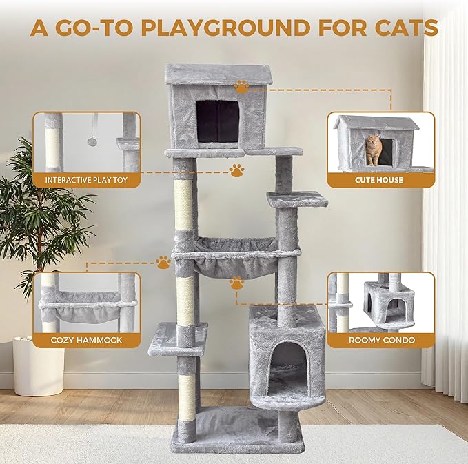 64in Multi-Level Cat Tree for Indoor Cats - Plush Gray Cat Tower with Hammock, Sisal Scratching Posts & Cozy Cat House, Ideal for Multiple Cats, 5-Level Cat Furniture with Dangling Toy