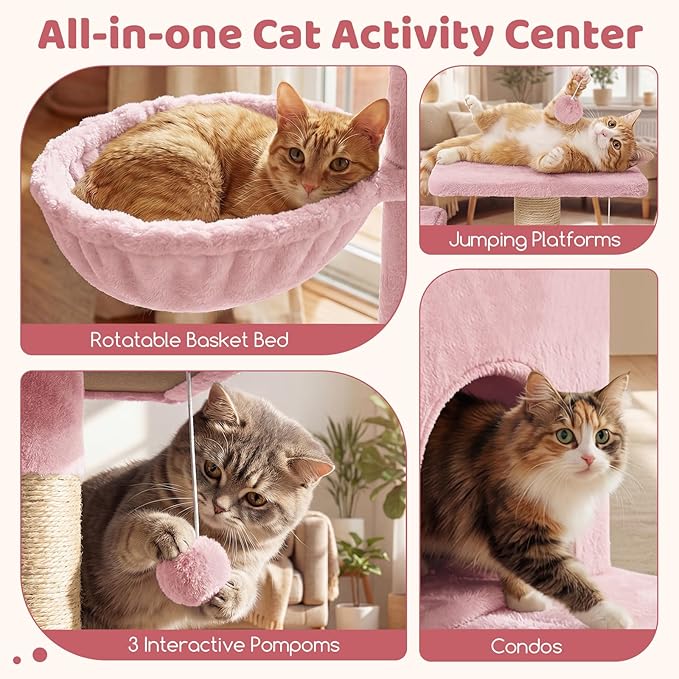 DORTALA Multi-Level Cat Tree, 65" Tall Cat Tower with 3 Plush Perch, 2 Condos, Basket Bed, Sisal Scratching Posts & Board, Hanging Pompoms, Indoor Pet Climbing Furniture (Pink)