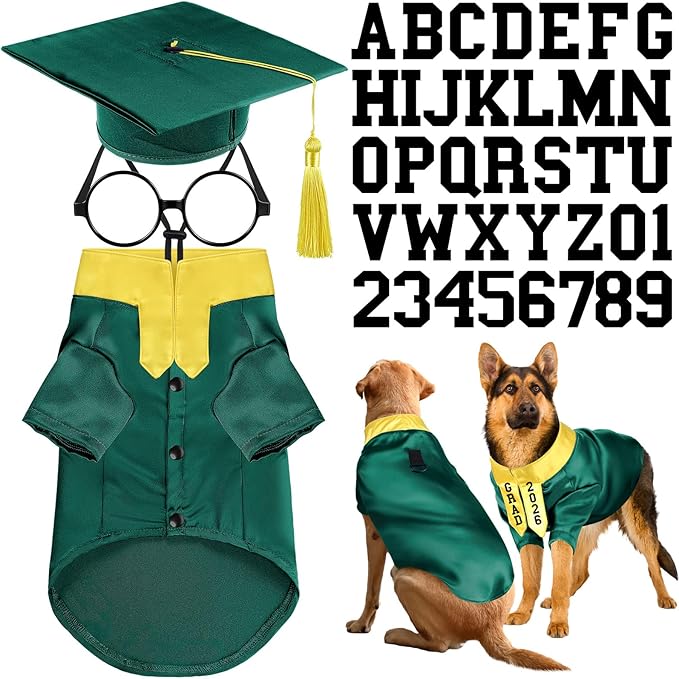 5 Pcs Dog Graduation Costume Set Include 2026 Pet Graduation Gown with Stole Puppy Grad Cap Lensless Glasses DIY Letter Stickers for Dogs Cats Holiday Costume Accessory(Green Yellow,XXL)