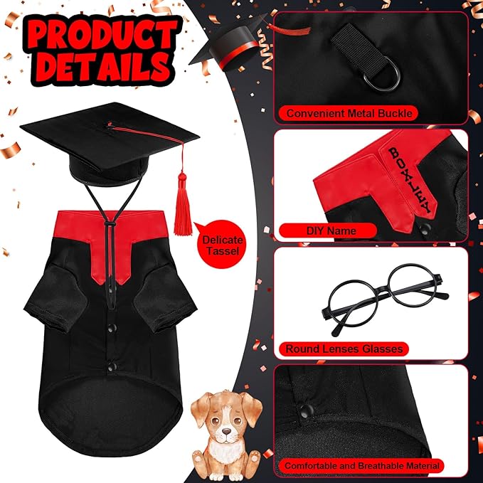 5 Pcs Dog Graduation Costume Set Include 2026 Pet Graduation Gown with Stole Puppy Grad Cap Lensless Glasses DIY Letter Stickers for Dogs Cats Holiday Costume Accessory(Black Red,XL)