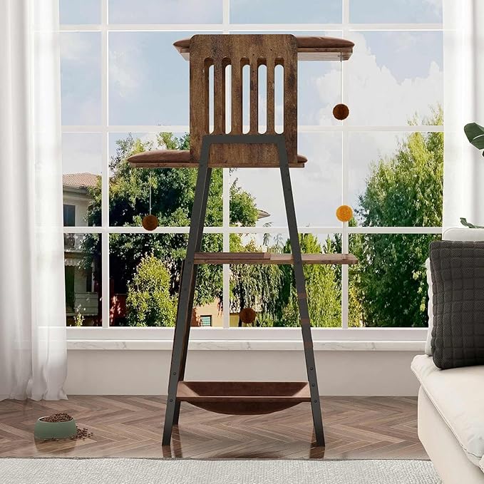 Modern Cat Tree 58-Inch Tower for Large Cats with Scratching Board, Extra Large Perch, Hammock & Removable Washable Pads, Multi-Level Cat Furniture for Bird Watching & Play, Walnut