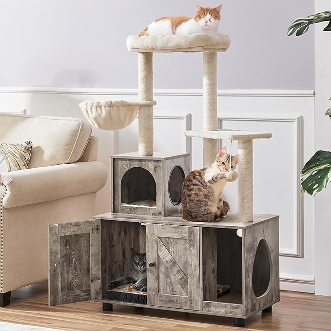 Yaheetech Cat Tree, 53in Cat Tower with Wood Litter Box Enclosure, 2-in-1 Cat Tree with Condo, Scratching Posts, Perch for Indoor Large Cats, Cat Activity Center, Greige/Beige