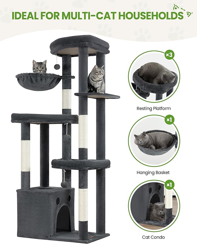 Multi-Level Cat Tree Tower for Indoor Cats, 67 inch Tall XL Heavy Duty Climbing Tower with 3 Large Platform, Scratching Post, Hammock, Kitty Condo for Multiple Cats, Extra Large Cat Trees, Dark Grey