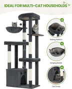Multi-Level Cat Tree Tower for Indoor Cats, 67 inch Tall XL Heavy Duty Climbing Tower with 3 Large Platform, Scratching Post, Hammock, Kitty Condo for Multiple Cats, Extra Large Cat Trees, Dark Grey
