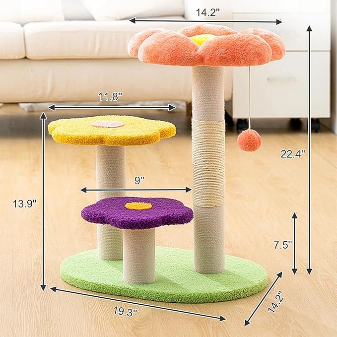 Flower Cat Tree 22.4 inches for Indoor Cats, 3-Story Cat Tower with Scratching Post, Multi-Functional Plush Cat Condo with Interactive Ball Toy, Protects Furniture with Durable Sisal Pole(Orange)