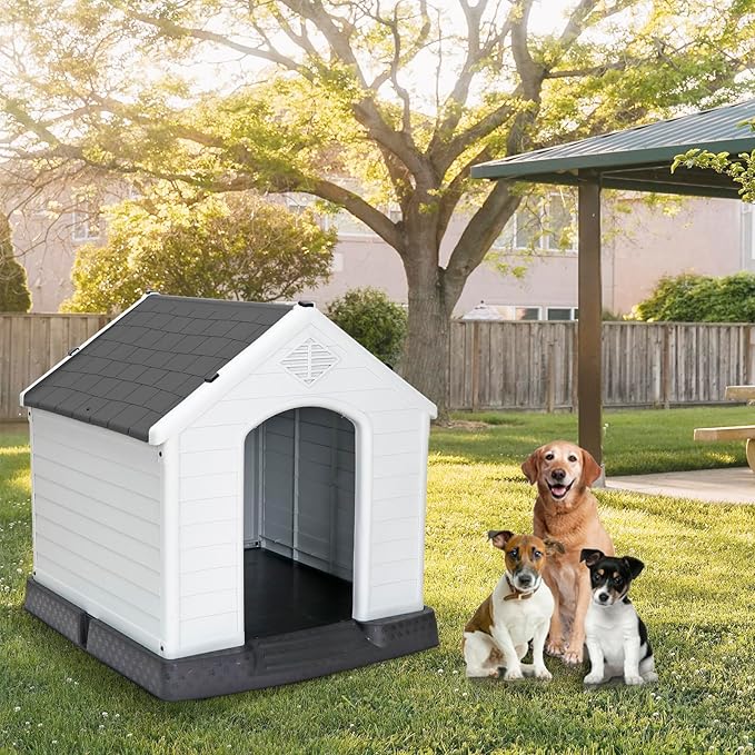 ZENY Plastic Dog House - Waterproof Dog Kennel with Air Vents and Elevated Floor All Weather Indoor Outdoor Insulated Doghouse Puppy Shelter, Easy to Assemble (Grey, 28inch)