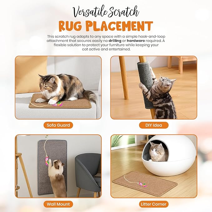 Cat Scratcher mat- Natural Sisal Cat Mat with Anti-Slip Back & Attached Sisal Mouse Toy (Natural)