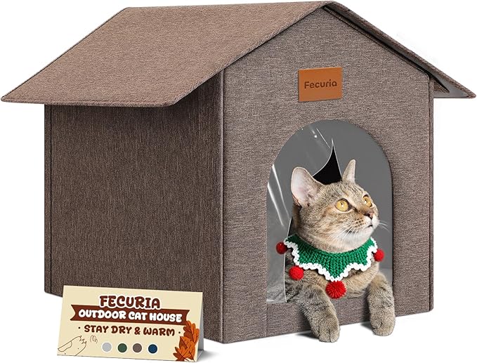Outdoor Cat House Weatherproof, Insulated Cat Houses for Outdoor/Indoor Cats for Winter, Waterproof Feral Stray Cat Shelter with Door Curtain and Warm Cushion, Easy to Assemble, Brown