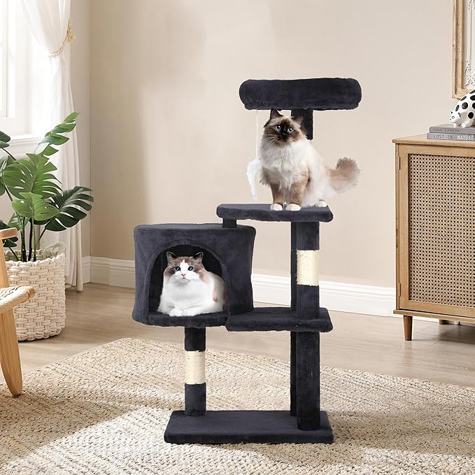 36" Multi-Level Cat Tree Tower with Scratching Posts, Toys & Condo - Space-Saving Design for Indoor Kittens, Compact Floor Footprint & Vertical Space for Multi-Cat Homes-Dark Grey