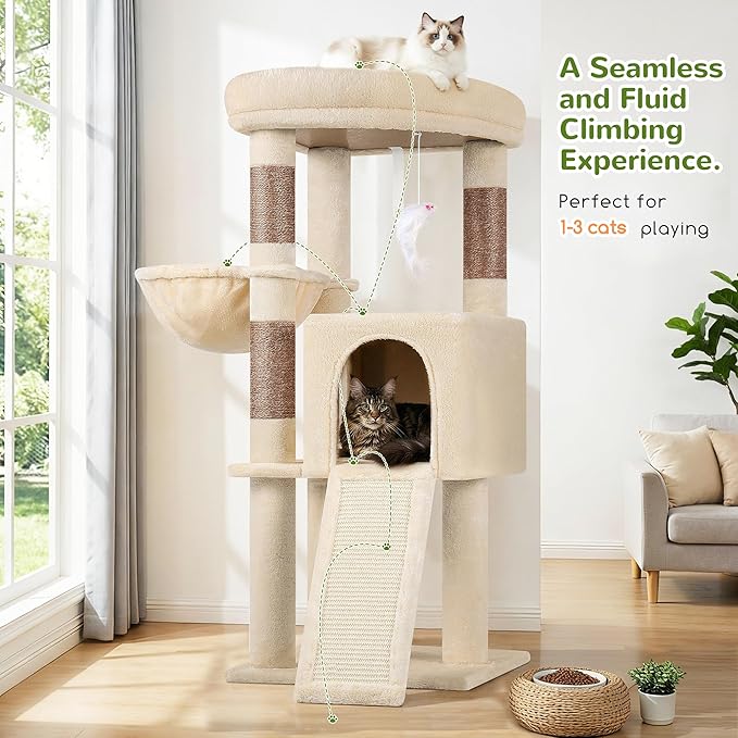 Globlazer 45" Cat Tree for 2-3 Medium Cats, Multi-Level Cat Tower with Scratching Board for Kittens and Senior Cats, Condo & Hammock Space Saving Cat Tower, F45, Beige