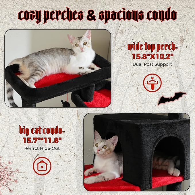 PETEPELA 69" Gothic Cat Tree for Indoor Large Cats, Cat Tower for Adult Cats with Big Hammock [18.5''X15.3''], Cat Climbing Tree Tower with Scratching Posts, Condo House and Large Top Perch, Black