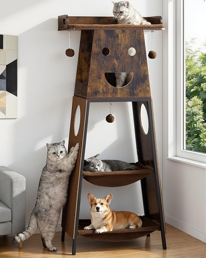 Modern Wood Cat Tree for Indoor Large Cats, 56 Inch Tall Cat Tower with Perch Bed, Multi-Level Trees with 2 Hammock, Cat Condo, Scratching Board, Removable Pads, Cat Furniture, Rustic Brown
