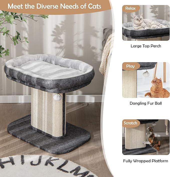 PETSITE 19.5-inch Small Cat Tree, 2-Tier Minimalist Cat Tree with Sisal Scratching Post, Extra Large Comfy Top Perch, and Dangling Ball, Ideal for Indoor Cats, Supports up to 44 lbs, Grey