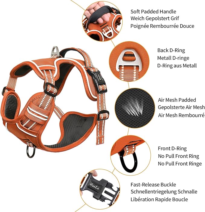 HEELE Dog Harness for Small Dogs No Pull Dog Vest Harness for Small Dog with Soft Padded Handle Reflective for Outdoor Training, Pumpkin Orange, S