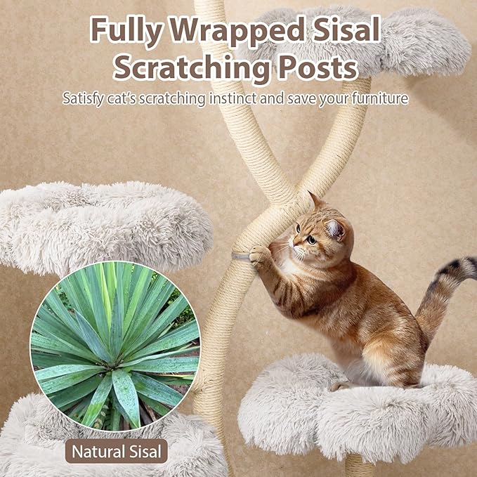 Tangkula Cat Tree Tower, 65 Inch Tall Cat Tower with Sisal Scratching Posts, Flower-Shaped Platforms, Padded Cat Condo, Modern Cat Tree for Indoor Cats Large Adult (Gray)