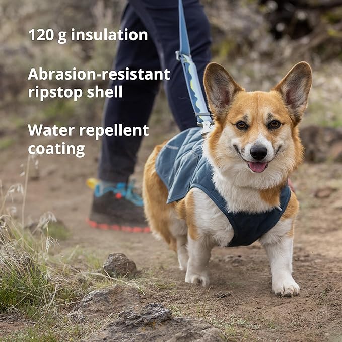 Ruffwear, Stumptown Quilted Dog Jacket, Insulated Water-Resistant Winter Coat with Reflective Trim & Leash Portal, Easy On/Off Buckles, Durable Cold-Weather Layer, River Rock Green, X-Small