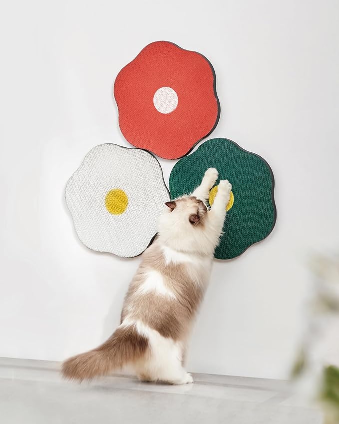 Wall Mount Cat Scratching Pads 3-Pack - Flower Design in Sunny Egg, Red & Green, Easter Gift for Cat Lovers, Space-Saving Home Decor that Saves Furniture