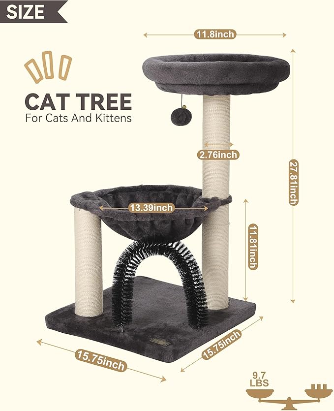 Cat Tree Tower for Indoor Cats,27.8 Inches Multi-Level Cat Tree with Scratching Posts Plush Basket & Perch for Play Rest, Cat Activity Tree with Dangling Ball for Kittens/Small Cats