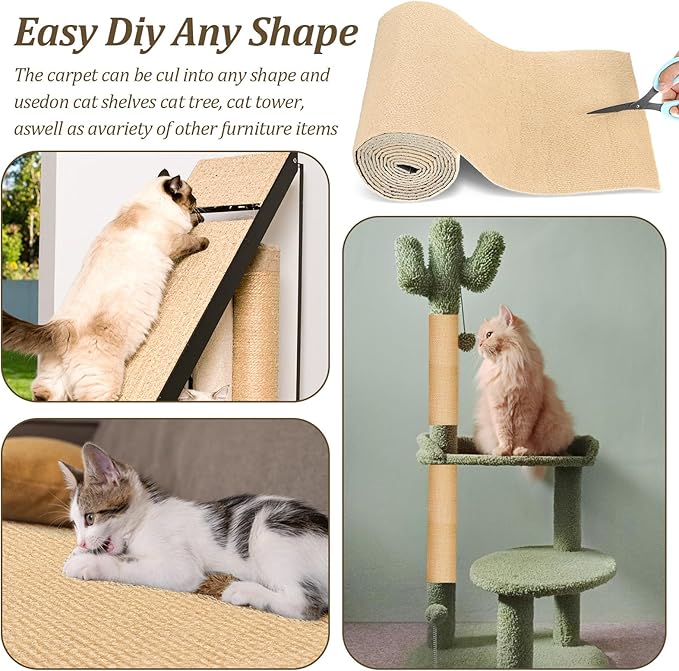 Cat Scratching Mat, Cats Scratch Furniture Protector Trimmable Self-Adhesive Carpet Mat DIY Cat Scratchers for Indoor Couch Wall Sofa Chair Cats Tree Shelves (118" x 15.75", Khaki)