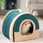 Hollypet Cat Bed Self-Warming 2 in 1 Foldable Kitty Cave Hut House Nest Pet Sleeping Bed, Crystal Velvet Pet Condo for Indoor Cats, Green Arched Cave