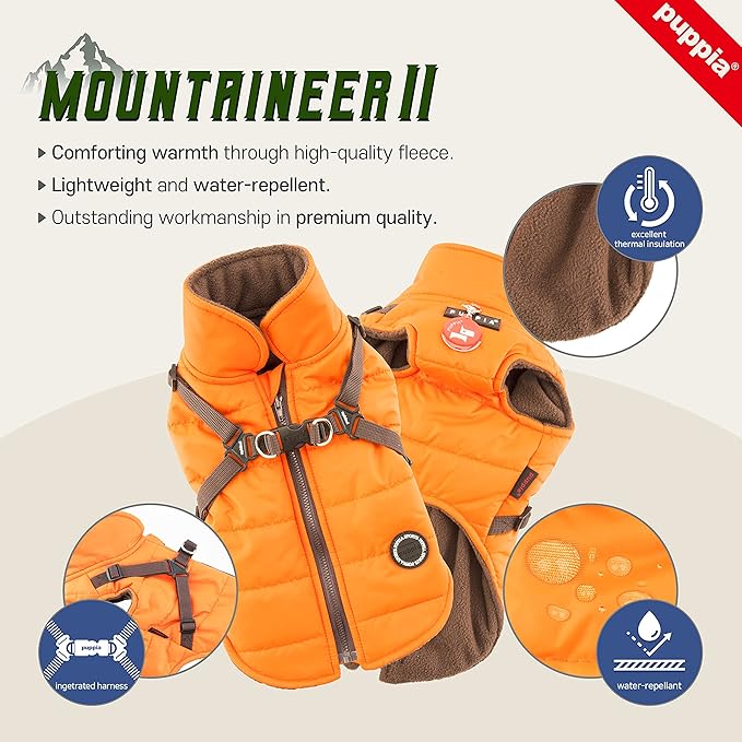 Puppia Mountaineer Winter Dog Coat with integrated harness No Pull Cold Weather Waterproof Warm Fleece Back Zipper for Small & Medium Dog, GREEN, Large