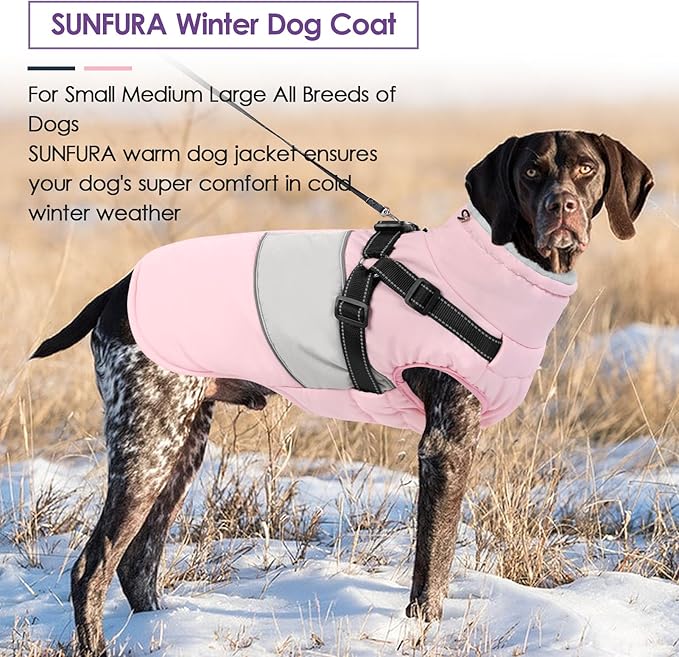 SUNFURA Dog Coat for Large Dogs, Warm Pet Jacket Winter with Harness Built in, Waterproof Pet Snow Jacket with Furry Collar, Reflective Fleece Snowsuit for Extra Large Dogs, Pink XL