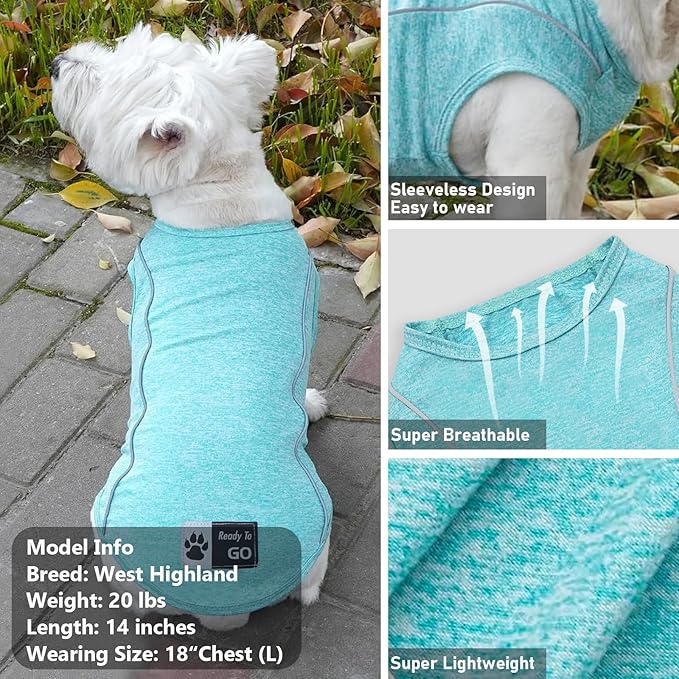 KYEESE 2Pack Reflective Dog Shirt, Lightweight Sun Protection Dog T Shirts for Small Dogs Boy, Breathable Sleeveless Puppy Tank Top Summer Dogs Clothes for Night Walking Outdoor, Lake Blue+Blue, S