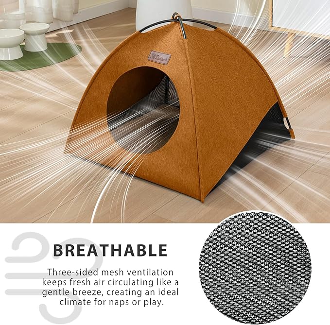 Pop-up Cat Tent Indoor Outdoor,Waterproof Cat House with Removable Cushion for All Seasons, Portable Pyramid Cat Cave Bed for Cats & Small Dogs, No Assembly Folding Pet Tent,Brown