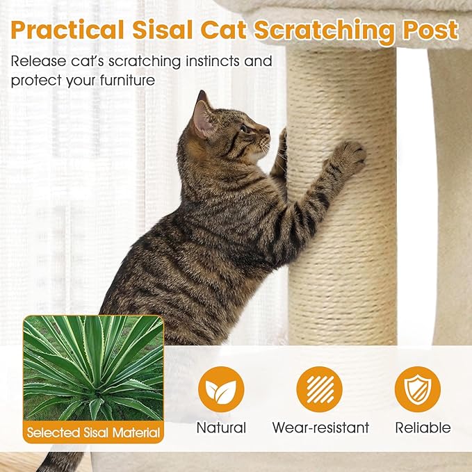 PETSITE 26-inch Small Cat Tree, with Sisal Scratching Post, Double Comfy Condos, and Spacious Top Perch, Ideal for Indoor Cats and Kittens (Beige)