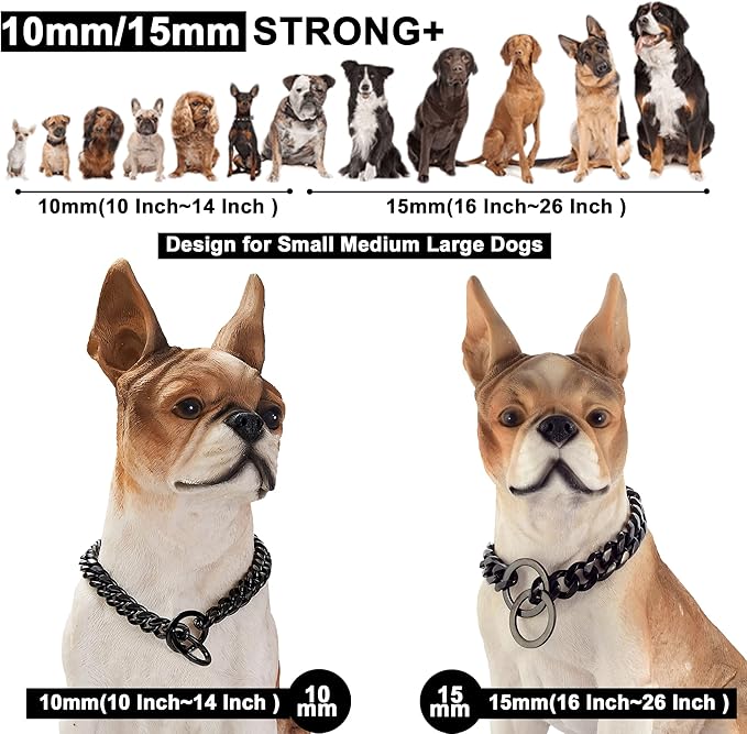 Dog Chain Collar Dog Walking Collar 15mm Black Strong Stainless Steel Cuban Link Chain Collar for Small Medium Dogs（10 Inches