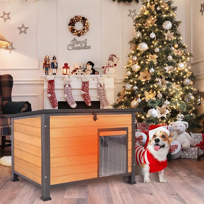 Insulated Dog House Outdoor Weatherproof, Wooden Heated Large Houses with Removable Liner for Winter, Upgrade Anti-Chewing Iron Frame Dog Shelter for Puppies, Cats