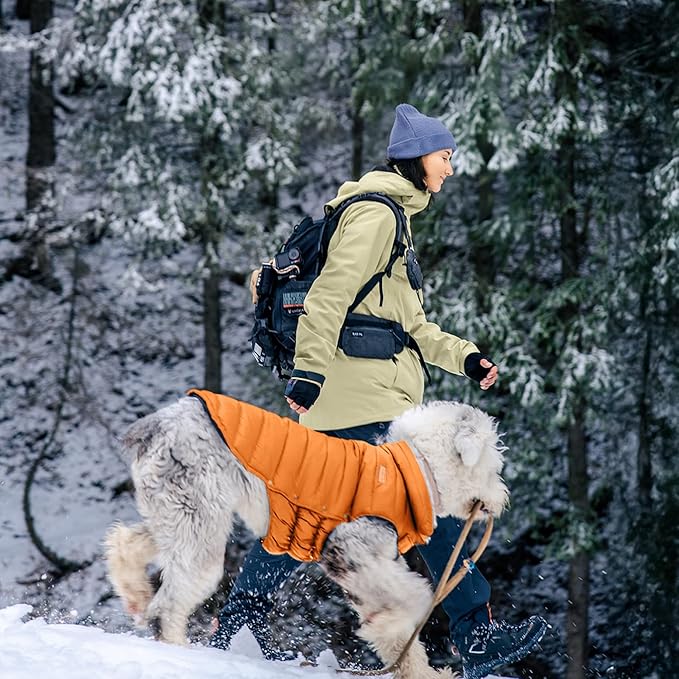 SPACE LION Dog Puffer Jacket, Down Winter Coat, Durable Outdoor Coat for Cold and Windy Conditions, Lightweight & Adjustable Fit Coats for Medium Dogs, (Orange, Size 14 Gift Box)