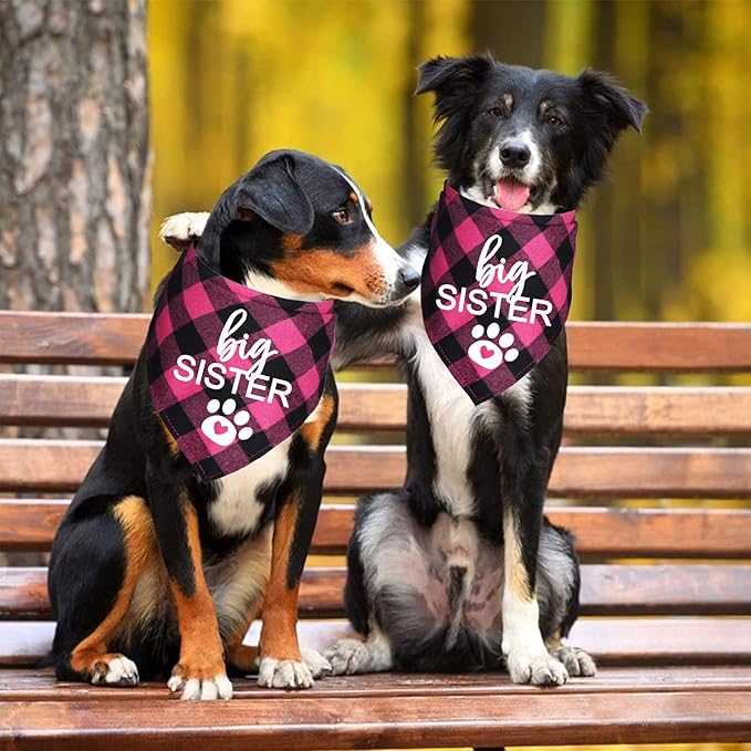 Big Sister Dog Bandana, Plaid Pregnancy Announcement Dog Bandanas for Dogs (Pink, Big Sister)
