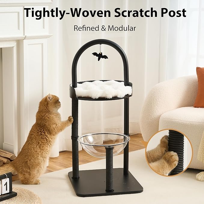 34" Modern Cat Tree Furniture, Minimalist Metal Frame Cat Tower with Wood Platforms, Washable Cushion & Scratching Post, Stylish Cat Condo for Indoor Cats, Classic Black
