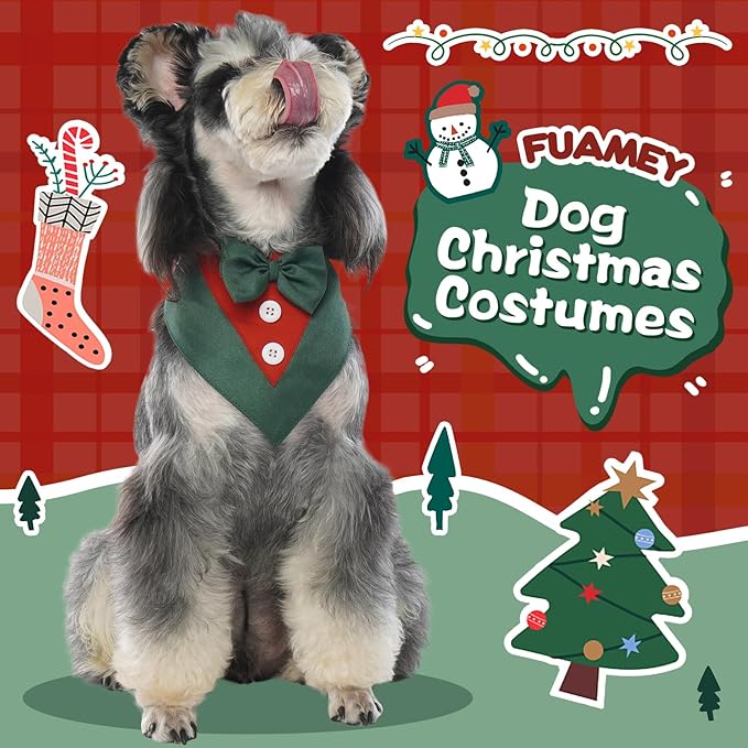FUAMEY Dog Tuxedo Christmas for Small Dogs,Dog Formal Suit Dogs Attire Pet Bow Tie Puppy Party Costumes Cat Tux Outfits Pets Bandana Cosplay Adjustable Bowties Christmas Green Red XS