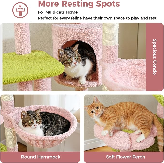 Flower Cat Tree for Large Cats, 59" Tall Cat Tower with Soft Flower Perch, Multi-Level Tower with Spacious Condo, Large Hammock and Scratching Posts, Sturdy Play House for Indoor Cats, Pink