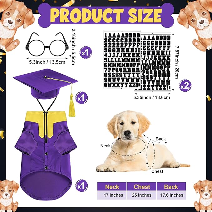 5 Pcs Dog Graduation Costume Set Include 2026 Pet Graduation Gown with Stole Puppy Grad Cap Lensless Glasses DIY Letter Stickers for Dogs Cats Holiday Costume Accessory(Purple Yellow,L)