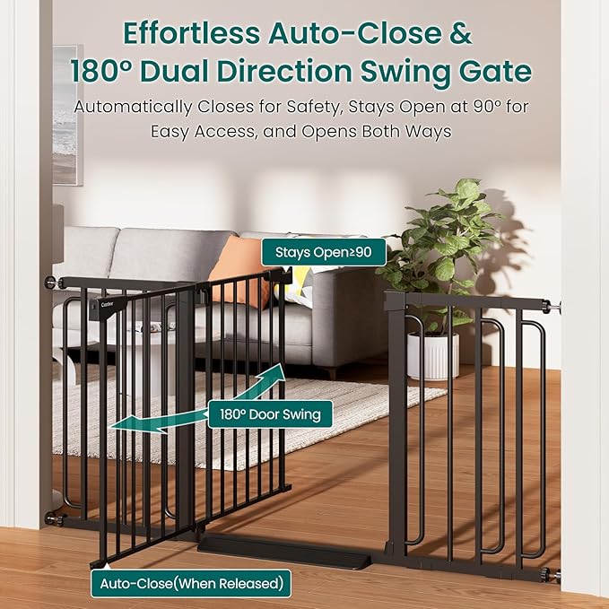Cumbor 30.4-56.8" Extra Wide Baby Gate for Stairs, Dual Lock & Self-Closing Dog Gate Indoor, Easy Install Pet Gate for Doorways & Wide Openings, Easy Walk Thru Safety Proofing for Babies & Pets, Black