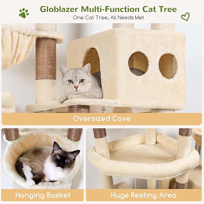 Globlazer 82" Extra Large Cat Tree for Big Cats, Heavy Duty Cat Tree for Multi-Cat Household, Maine Coon Cat Tree with 3 Condos, 2 Hammocks, 3 Perches & Scratching Board, S82D, Beige