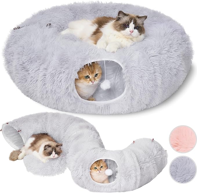 Meowfia Indoor Cat Tunnel with Donut Bed - Large Flexible Play Space for Multiple Pets - Circle or Snake Shape, Cozy Lounge (Grey)