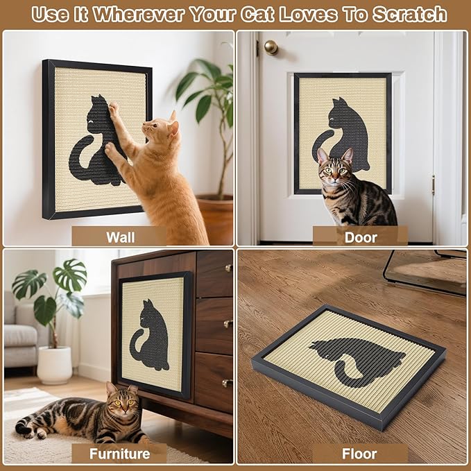 Ownpets Sisal Cat Scratcher, Cat Wall Mounted Scratcher, Cute Scratch Pad for Indoor Cats, with Frame Decorative Art Scratching Board Furniture Protector