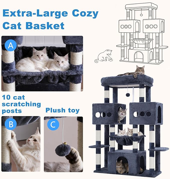 Hey-brother Cat Tree Tower, Large Sisal Scratching Posts with Big Platform, 3 Spacious Condos, Plush Hammock, Toy, 57.5 Inches Multi-Level Furniture for Indoor Adults Maine Coon, Smoky Gray MPJ083G