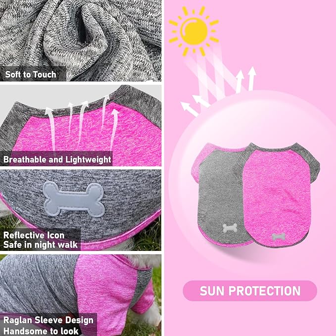 KYEESE 2Pack Dog Shirt with Sleeves, Lightweight Sun Protection Dog T Shirts for Large Dogs Girl, Breathable Pet Tank Top Reflective Dogs Clothes for Summer Outdoor Walking, Rose+Grey, 3XL