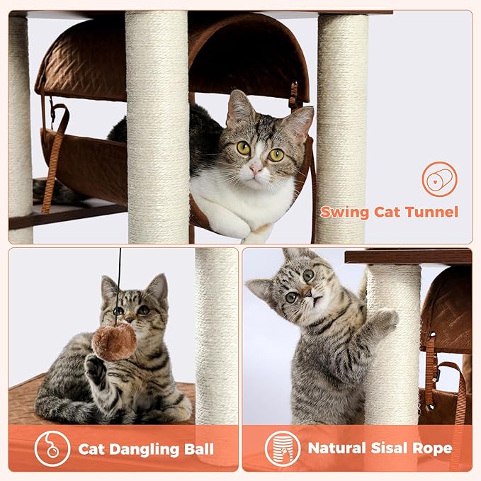 52" Wood Cat Tree for Large Cats, Modern Cat Tower with Fully Sisal Covered Scratching Posts, Luxury Cat Furniture with Spacious Perch, Super Large Hammock, Cozy Condo and Swing Tunnel Brown