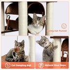 52" Wood Cat Tree for Large Cats, Modern Cat Tower with Fully Sisal Covered Scratching Posts, Luxury Cat Furniture with Spacious Perch, Super Large Hammock, Cozy Condo and Swing Tunnel Brown
